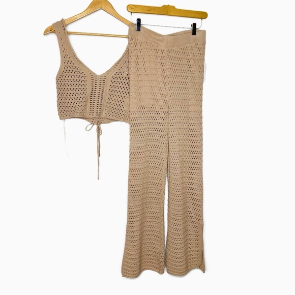 Pink Rose Tan Wide Leg Knit Crochet Pants and Lace Up Top 2 Piece Set NWT - Picture 1 of 4